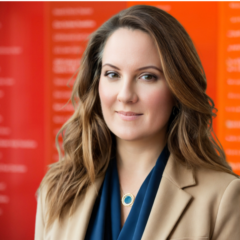 Jaclyn stands in front of the red and orange background of the FI, in a tan jacket and blue shirt. Her hair is brown. Her eyes are brown.