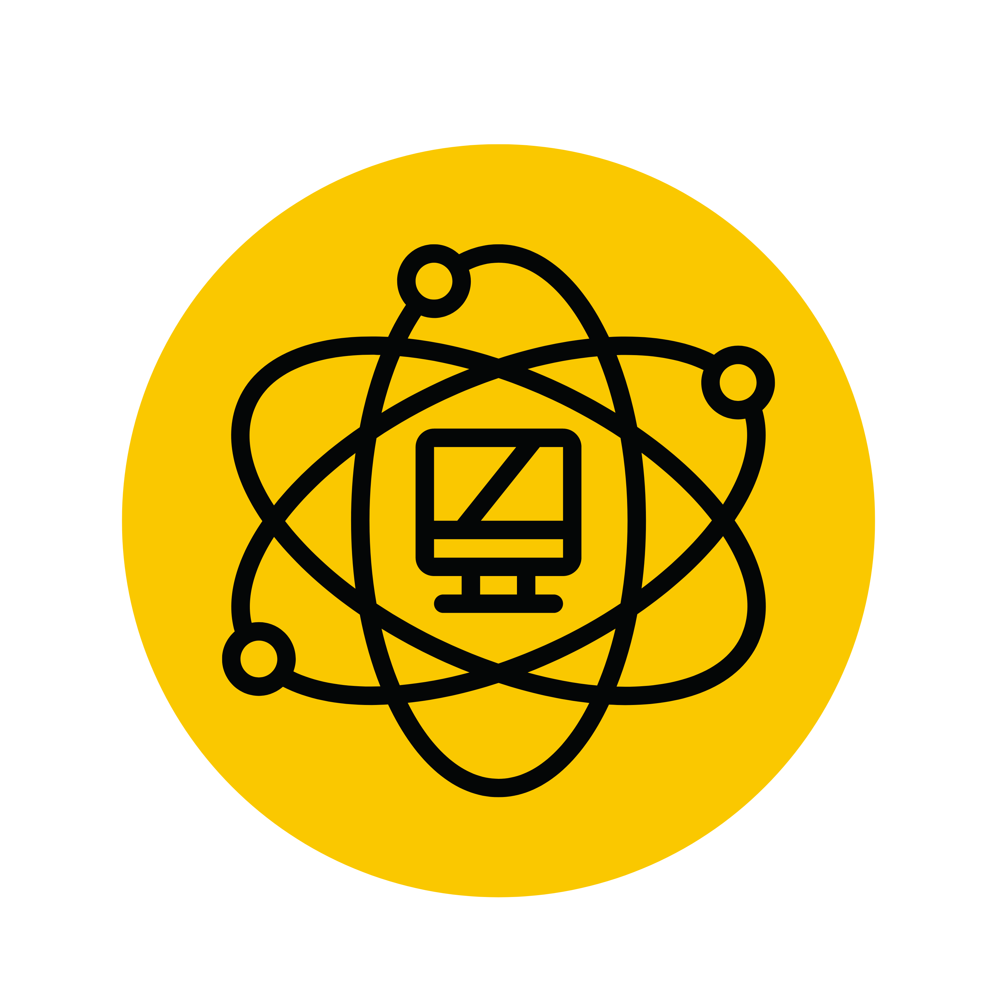 yellow background and black icon of nucleus with the computer in the center
