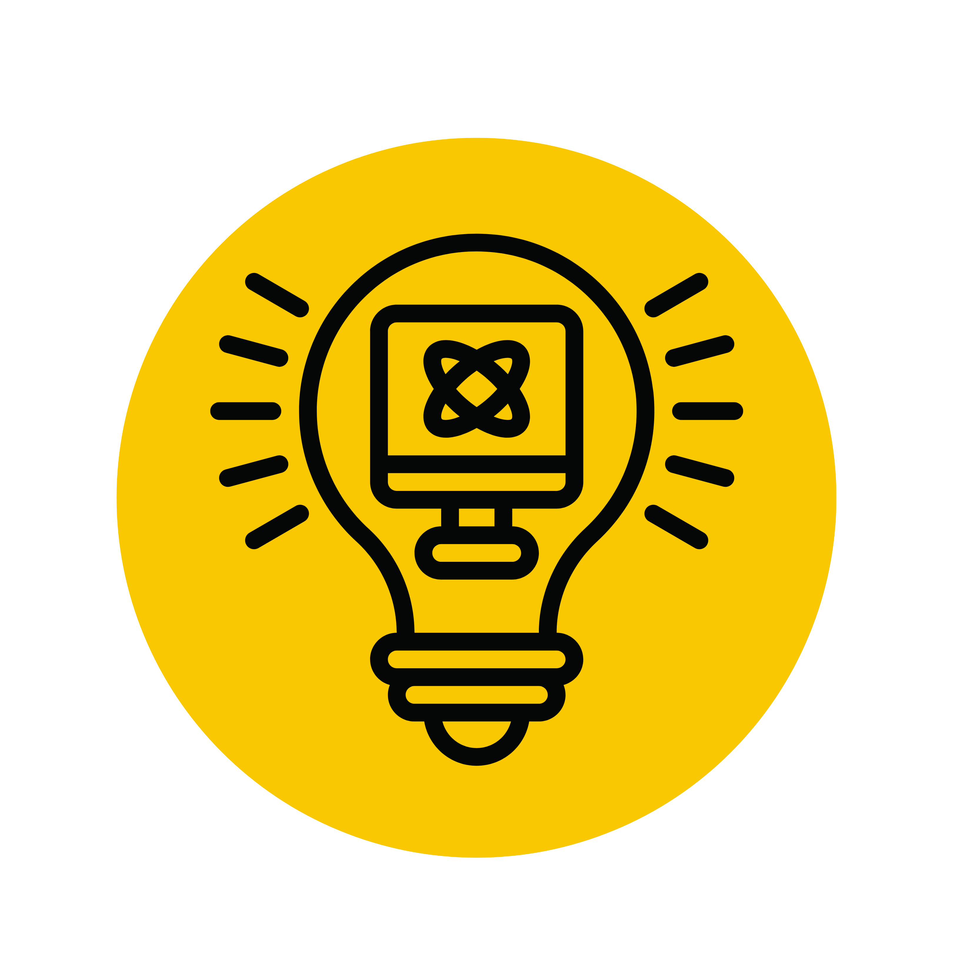 yellow background and black icon of a lightbulb with a computer at its center displaying a nucleus on its screen