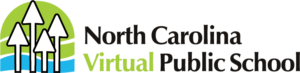 North Carolina Virtual Public School logo. Show outline of four trees in front of a green sky and blue floor