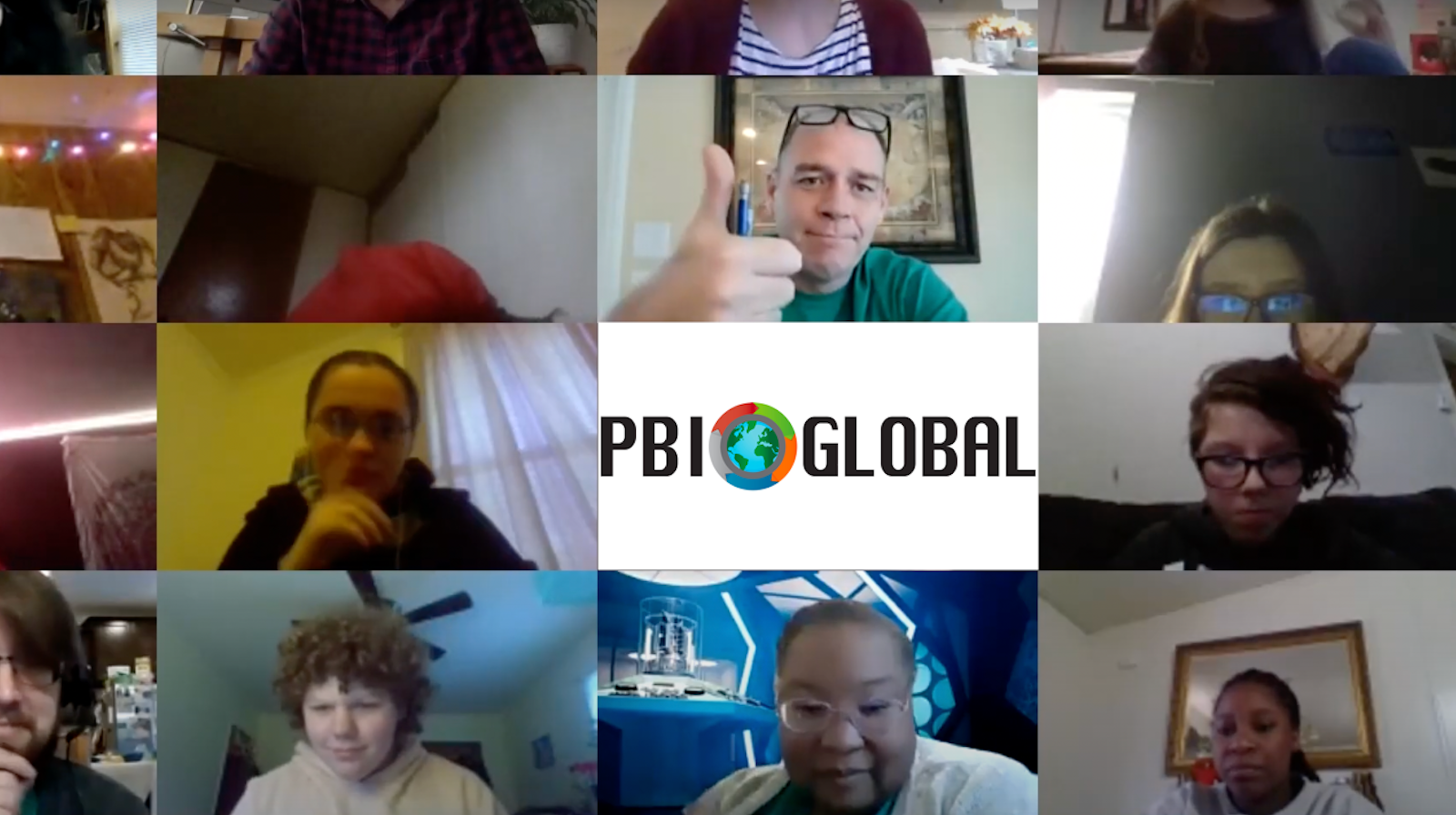 A collage of people on a virtual meeting (students and teachers) with the PBI Global logo in the center of the image