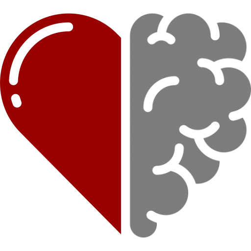 An icon of a heart cut in half where one side is a gray brain and the other is a red heart