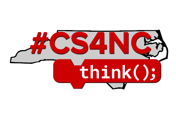 CS4NC logo features an outline of North Carolina with the hashtag #CS4NC over it. Underneath the hashtag, it says think ();