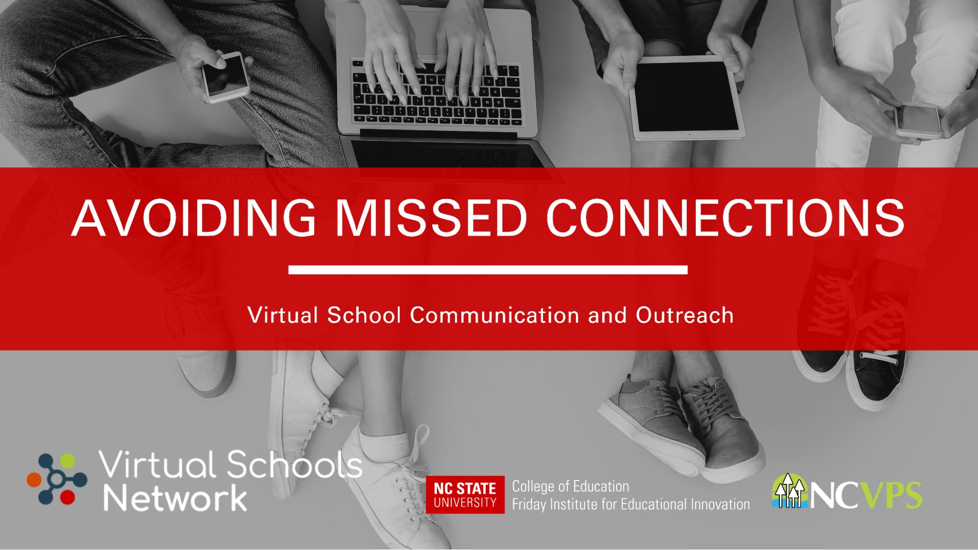 Banner for the article titled Avoiding Missed Connections: Virtual School Communication and Outreach. Features four students sitting on the floor with their legs stretched out with laptops on their laps.