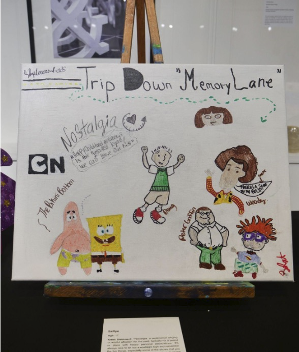 A poster board featuring various cartoon characters including Sponge Bob, Doug, and the Rugrats.