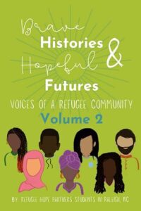 Cover of Brave Histories and Hopeful Futures. Voices of a Refugee Community. Volume 2. Features a group of people with different genders and hairstyles that represent this refugee community.