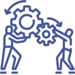 Graphic of two people pushing on either side of two gears that are interlocked