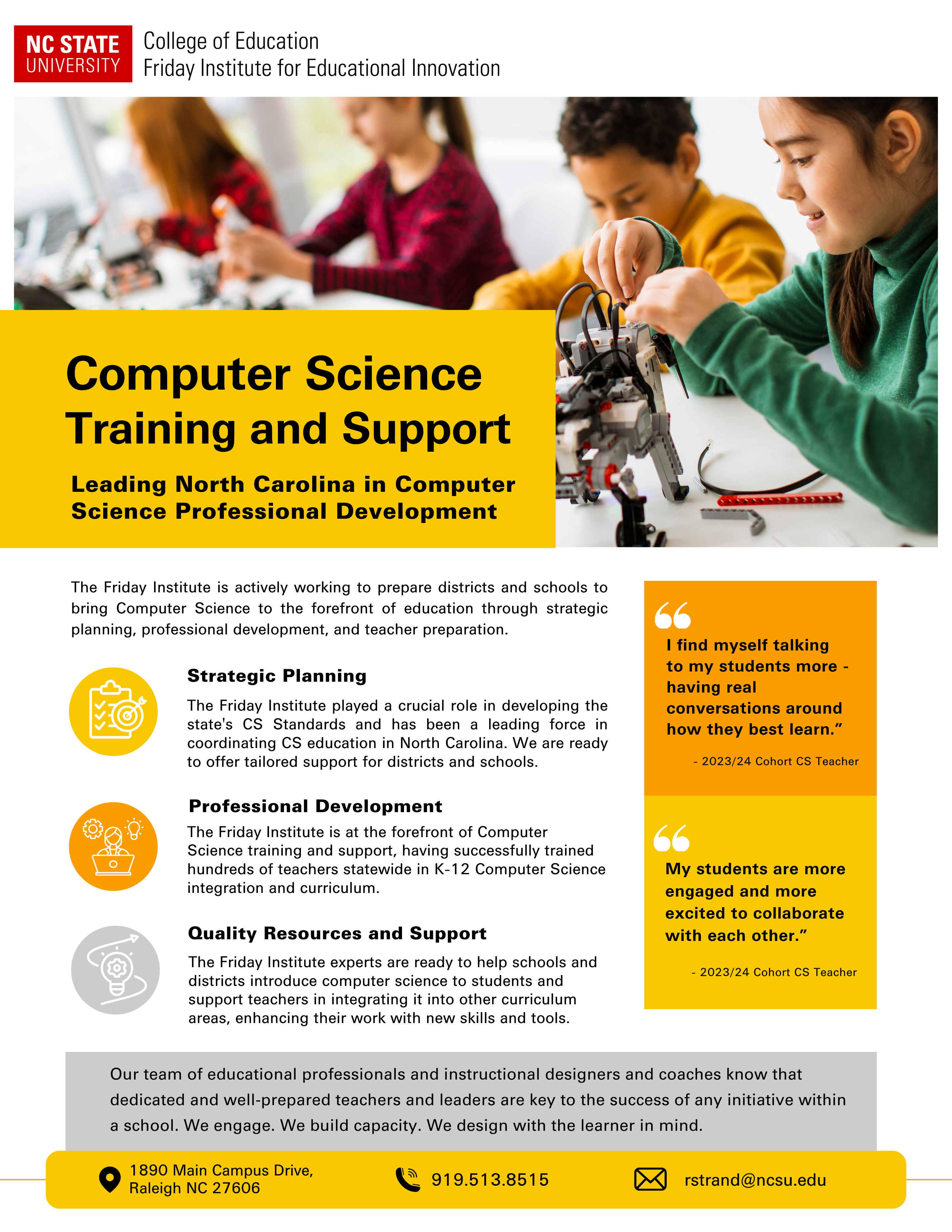 Computer Science Training and Support Handout highlight core features including strategic planning, professional development and quality resources and support
