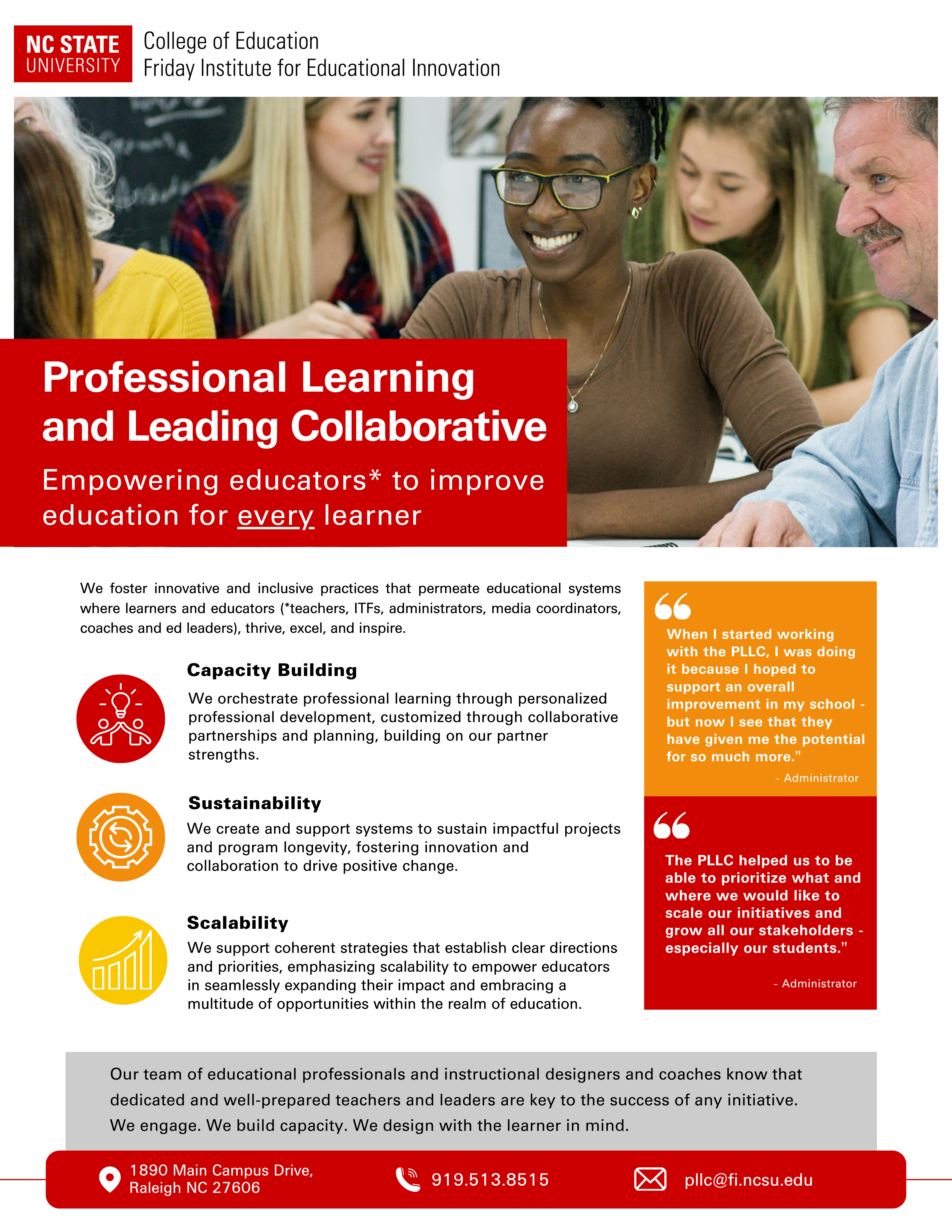 Graphic handout for the Professional Learning and Leading Collaborative and its core services: Capacity building, Sustainability and Scalability