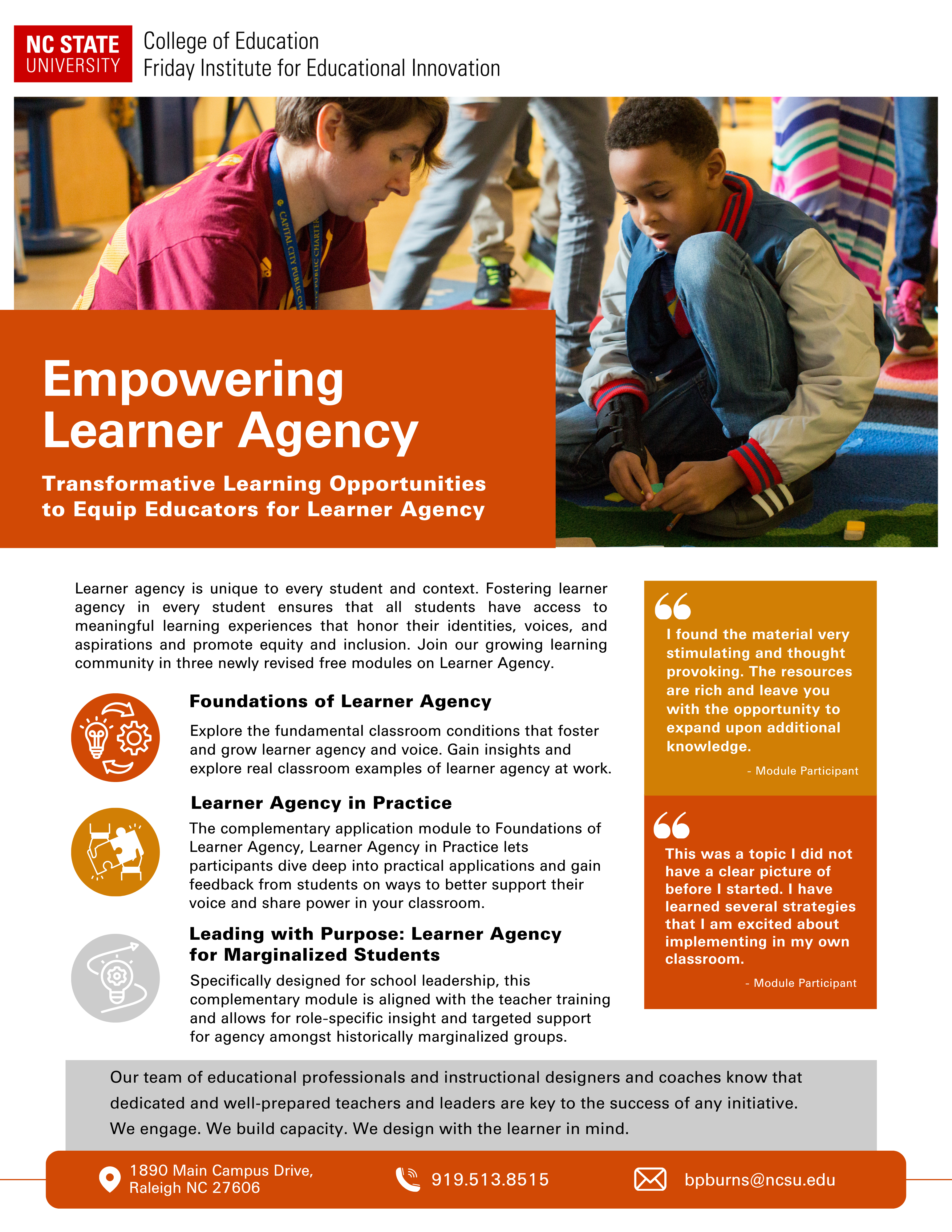 Empowering Learner Agency handout featuring key features: foundations of learner agency, learner agency in practice and leading with purpose: learner agency for marginalized students