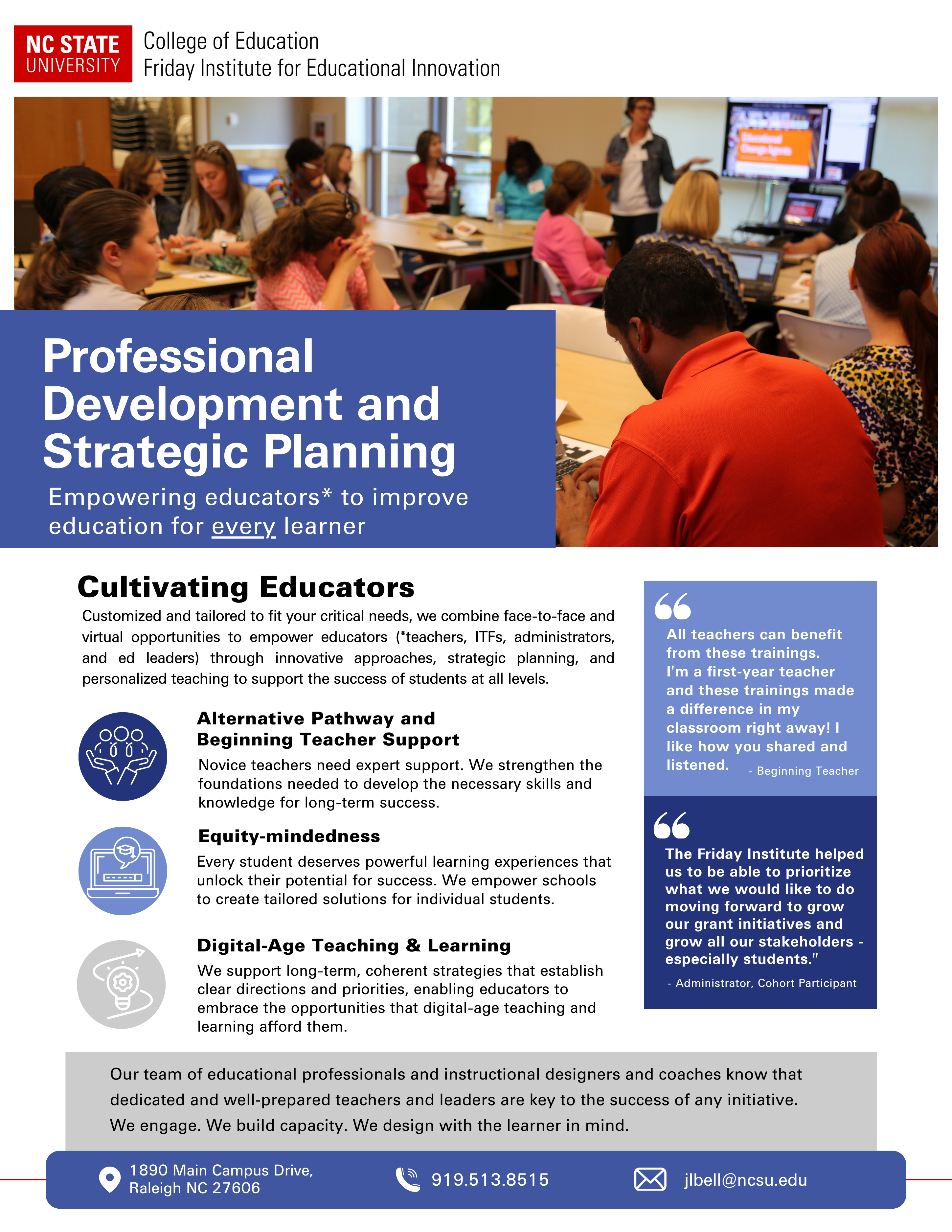 Handout for Professional Development and Strategic Planning featuring key features: alternative pathway and beginning teacher support, equity-mindedness, and digital age teaching and learning