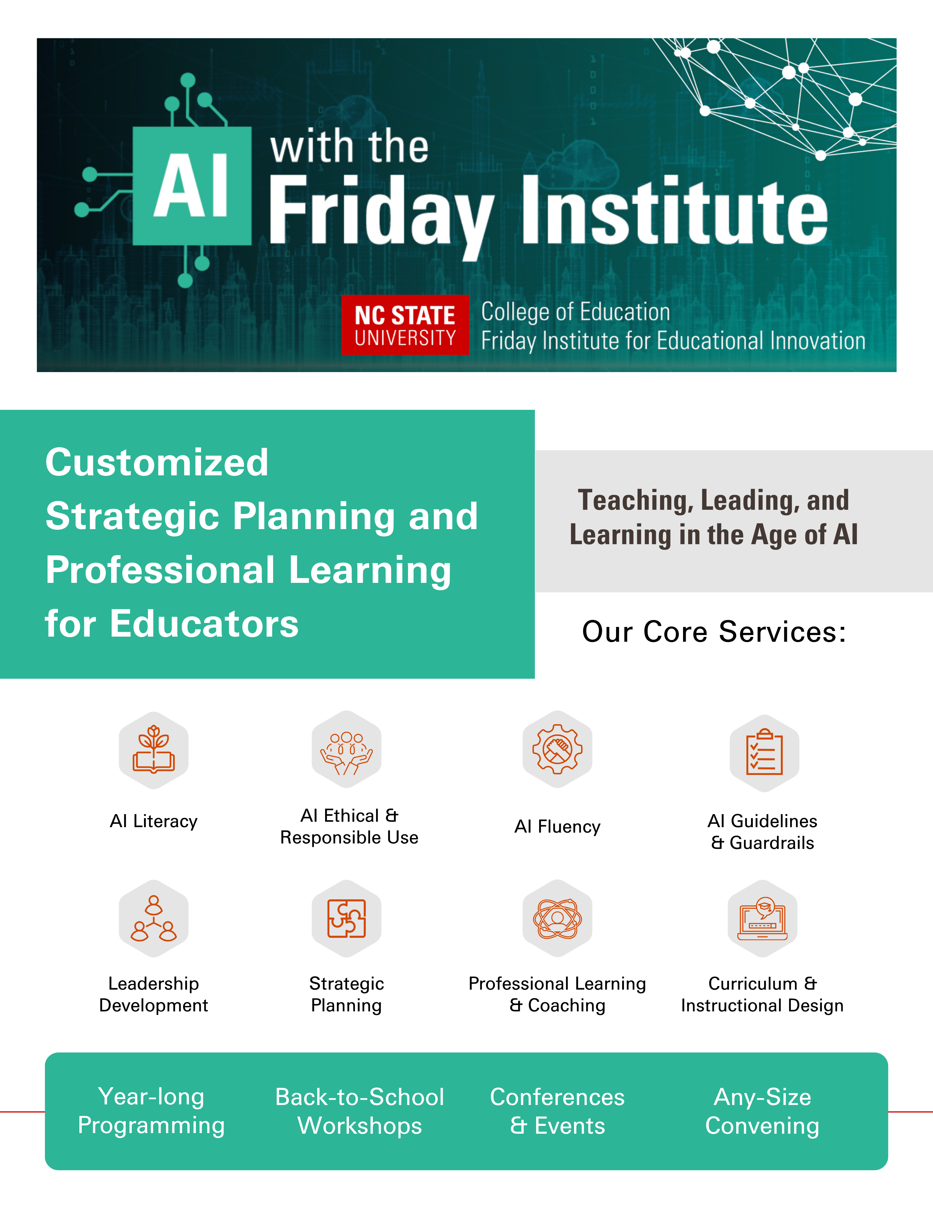 AI with the Friday Institute handout featuring key services: AI literacy, AI ethical and responsible use, AI fluency, AI guidelines and guardrails, leadership development, strategic planning, professional learning and coaching, curriculum and instructional design