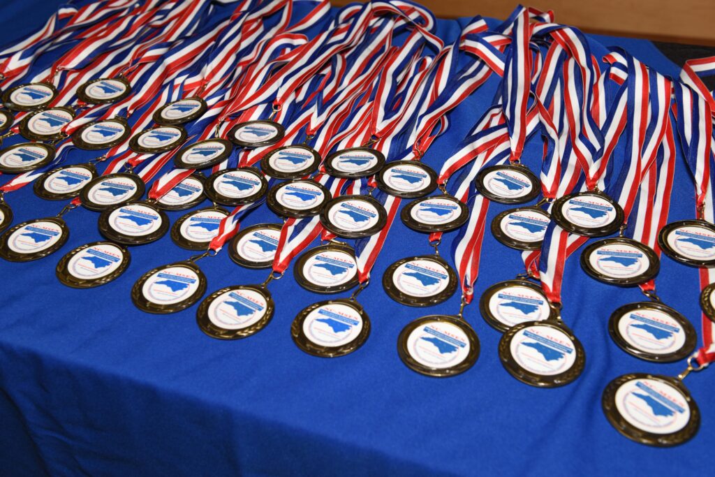 A table of red, white and blue medals.