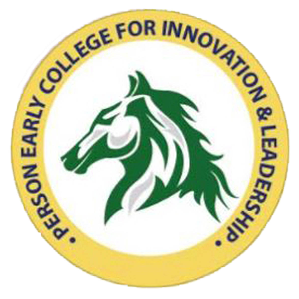 PECIL icon--a green horse head in the middle of a circle with a yellow border that says Person Early College for Innovation &amp; Leadership
