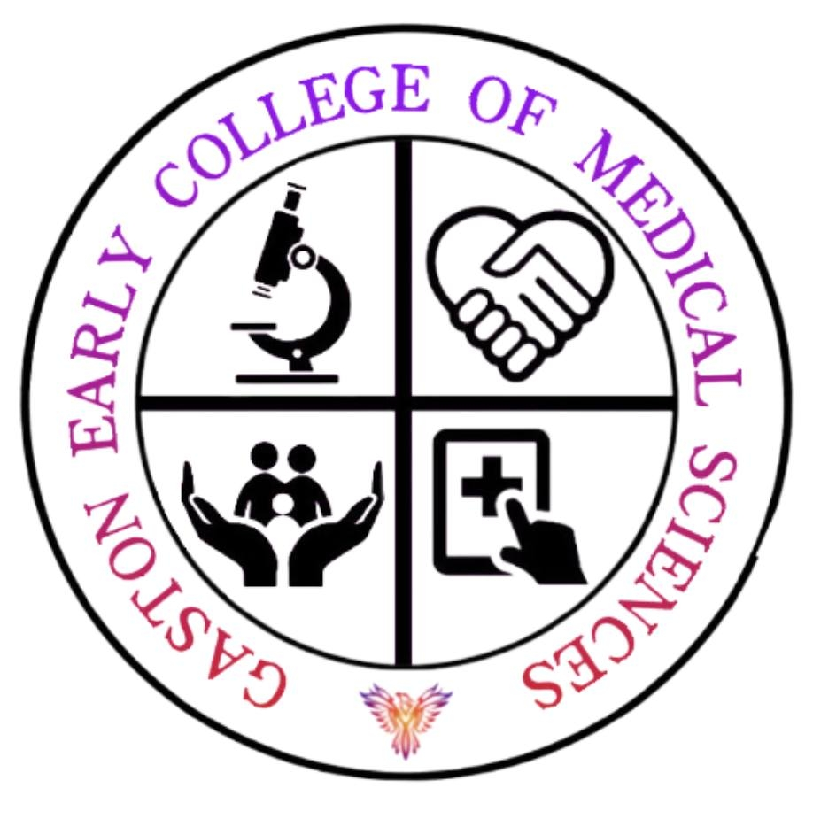 Gaston Early College of Medical Sciences seal with 4 icons in a circle: a microscope, two hands shaking, a hand holding a family, and a finger touching a tablet