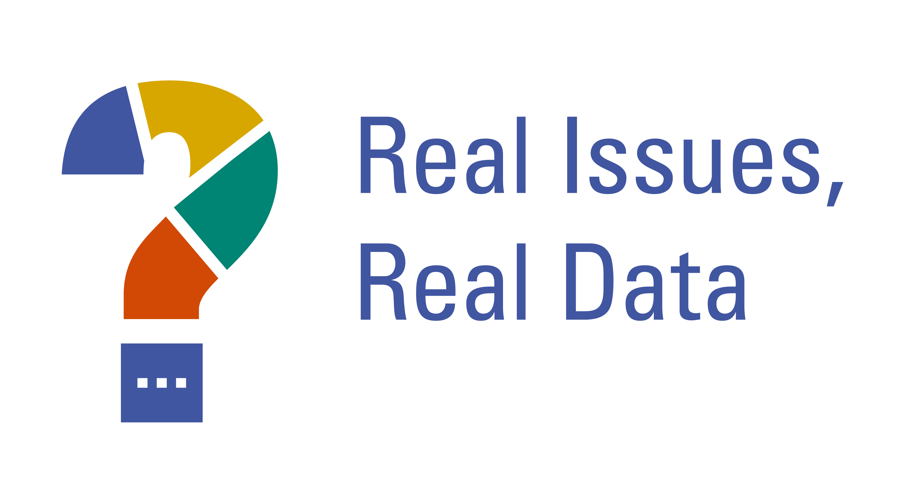 Real Issues Real Data graphic with multicolored question mark