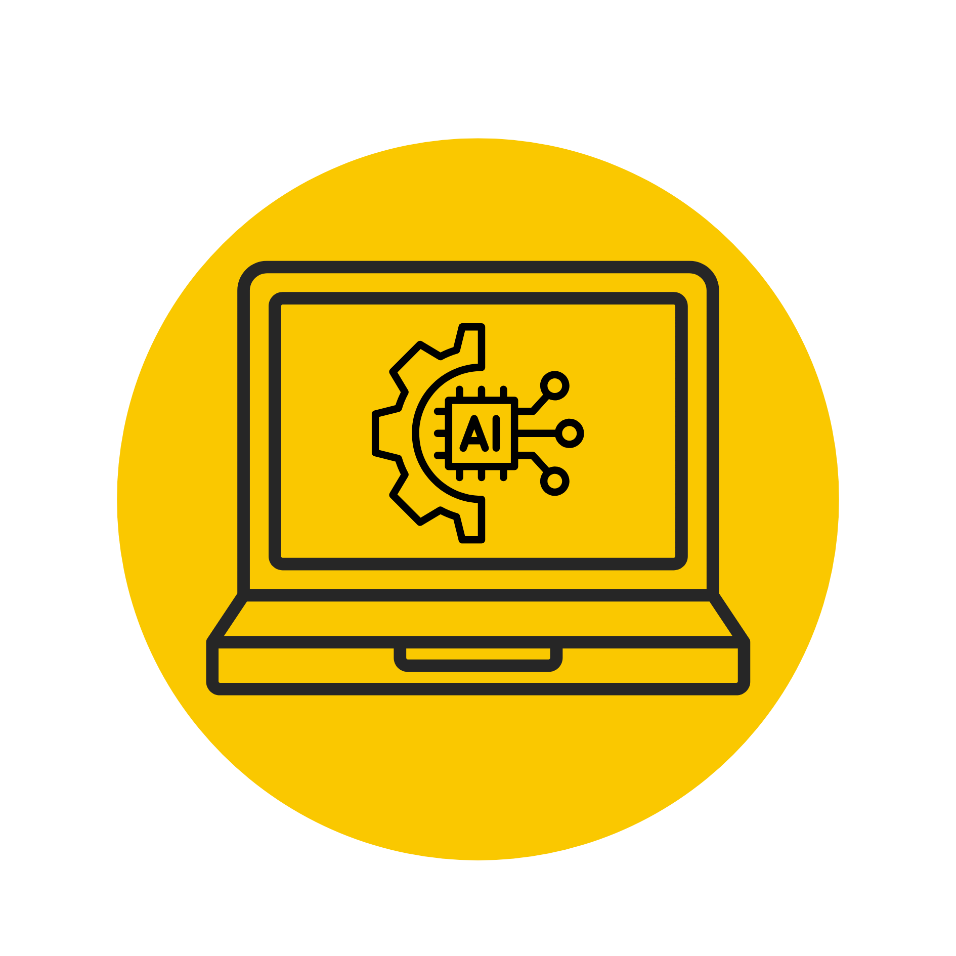 Icon of computer screen featuring half a gear and an AI computer chip