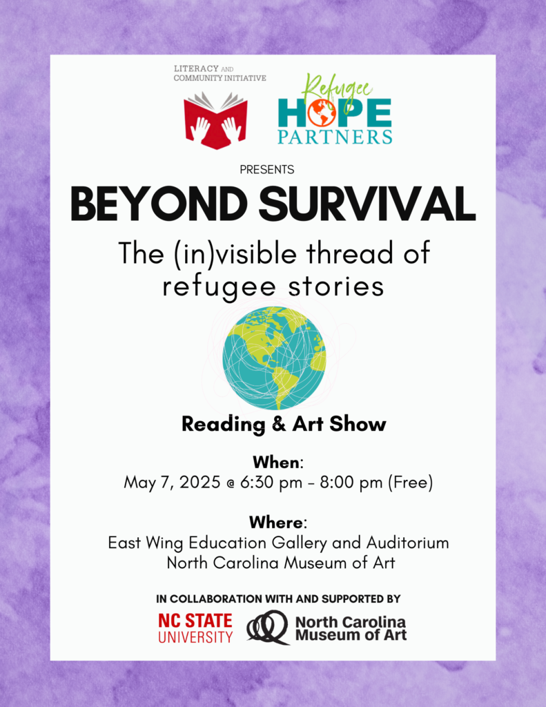 Beyond Survival: The (in)visible thread of refugee stories flyer. Features a world on the flyer.