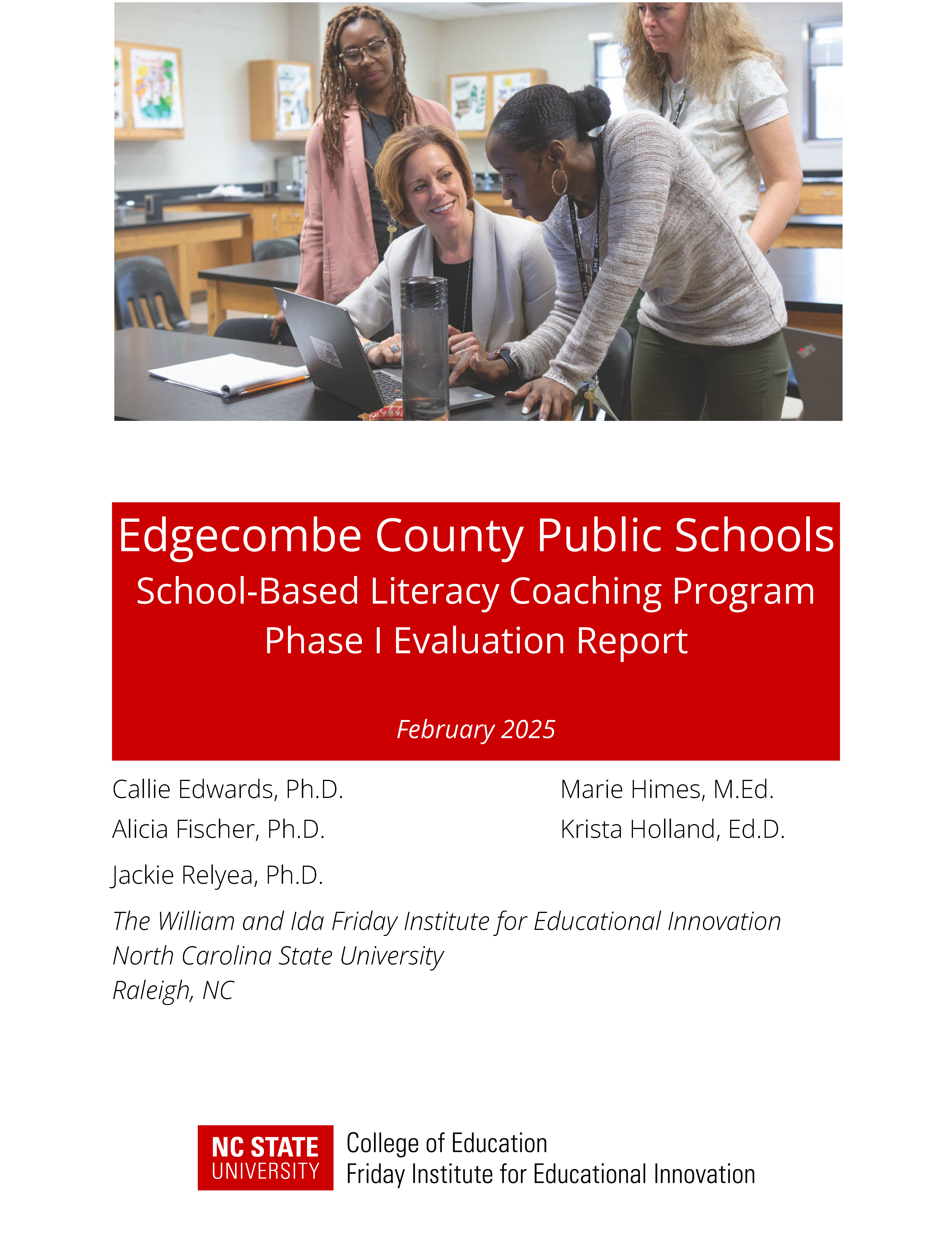 Cover of ECPS School Based Literacy Coaching Program Phase I Report shows image of teachers working together in a classroom looking over a laptop in the table in front of them