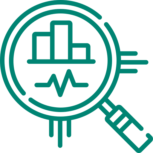 An icon of a magnifying glass zooming in on a bar and line graph