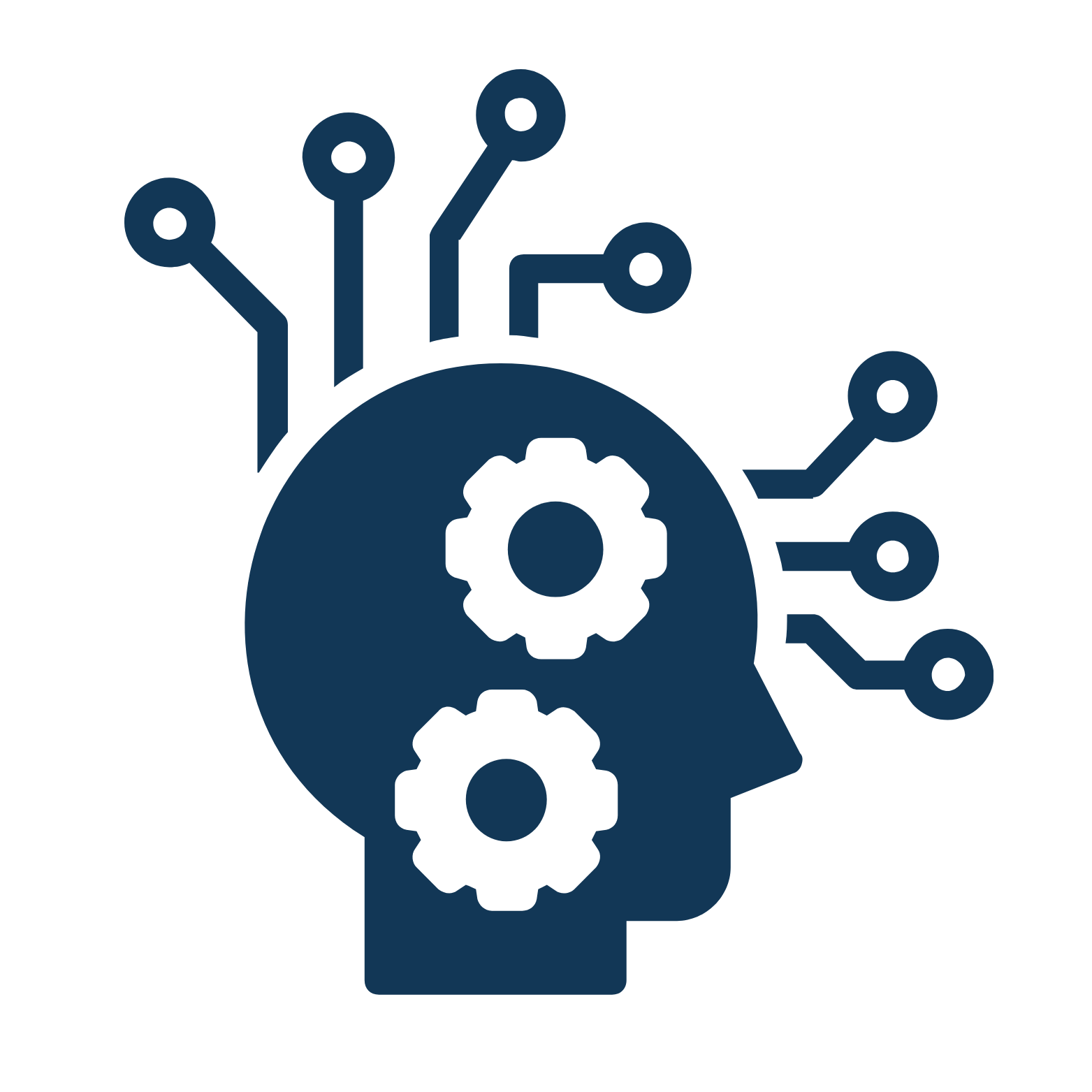 Icon of side view of human head with gears inside. Lines are coming out of its head.