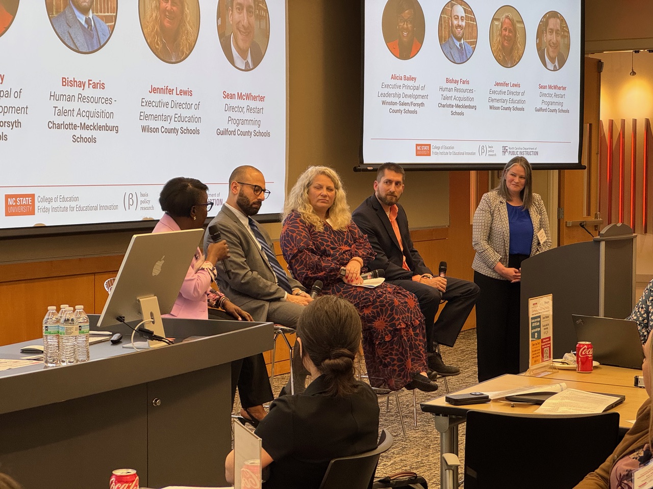 Maureen Stover, former Teacher of the Year and BEST NC Vice President of Policy & Engagement, facilitates a district panel discussion on the selection of Advanced Teachers.