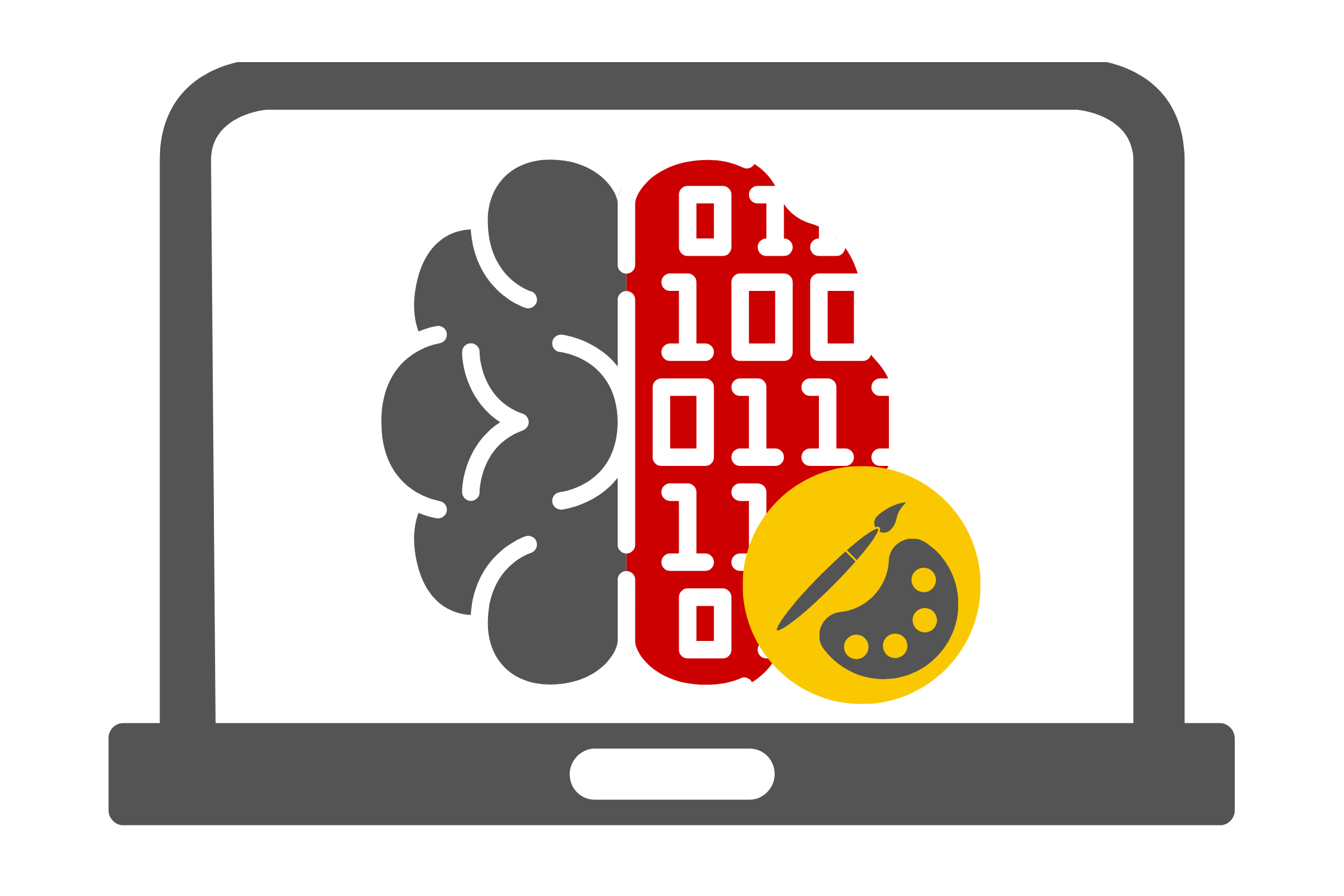 Laptop graphic featuring a brain icon where half is a traditional looking brain and half is computer number code and a paintbrush and pallete