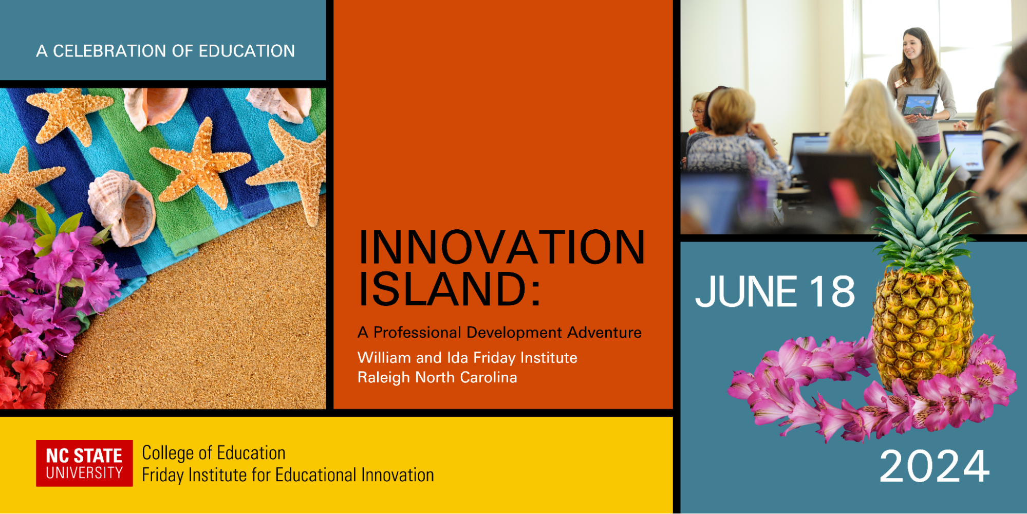 Grid-like collage of bright colors of orange, blue and yellow. Also images of pineapple, leis, sand and seashells and an instructor leading a class of adults on laptops.