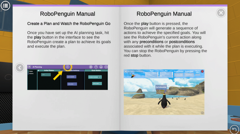 A screenshot from PrimaryAI game featuring the RoboPenguin manual
