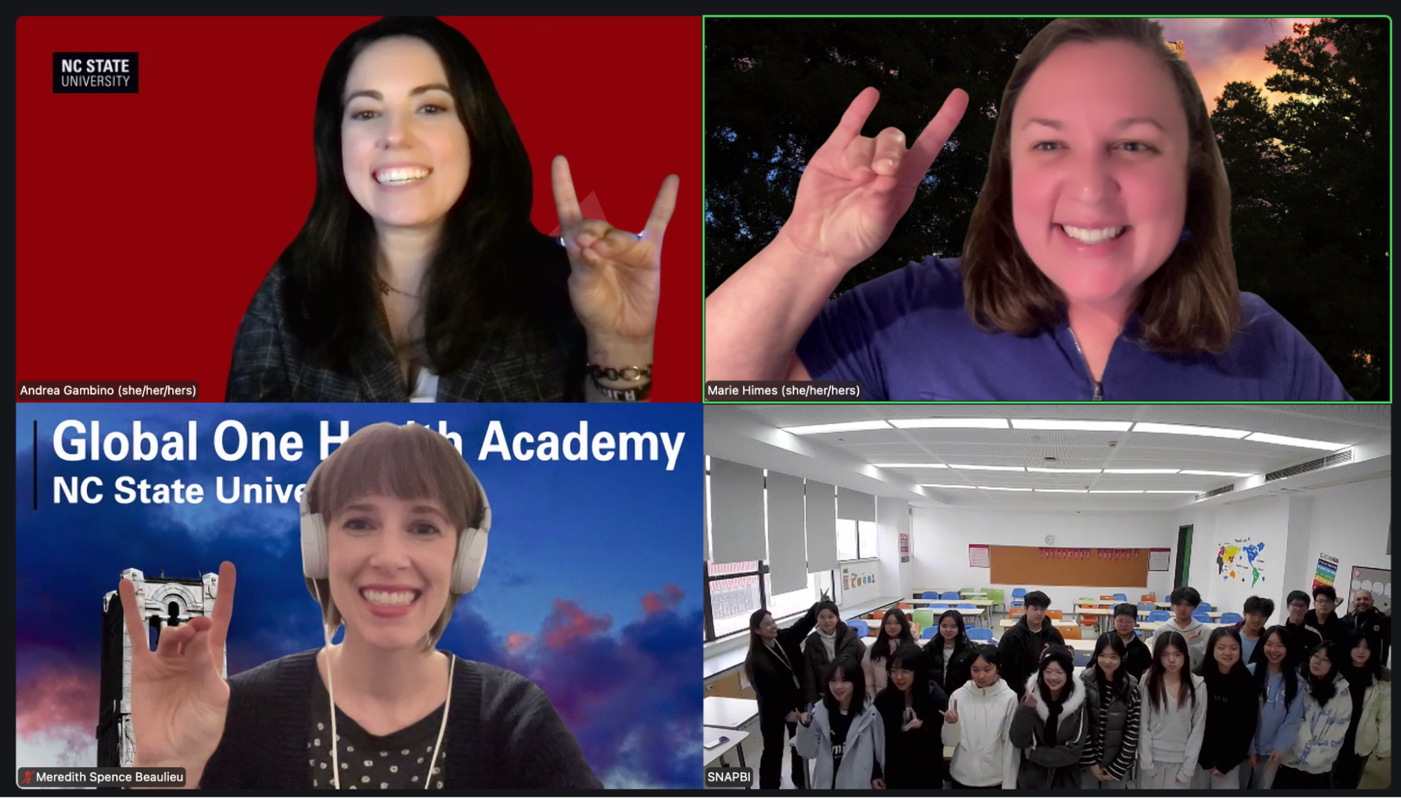 Screenshot of a Zoom session showing three facilitators and several students on screen, smiling and making the Wolfpack hand sign