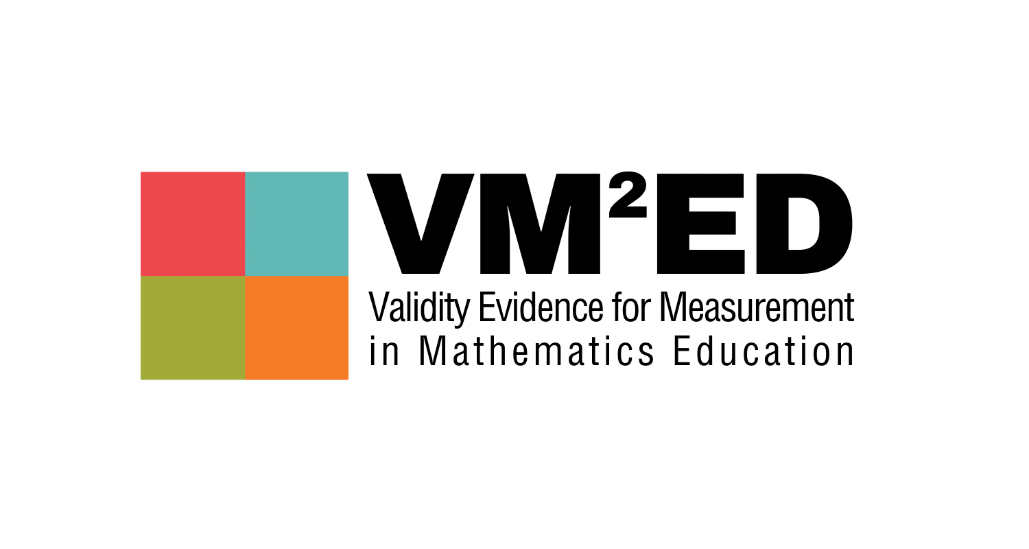 Logo for VM2ED: Validity Evidence for Measurement in Mathematics Education. Features 4 squares in different colors together to build a larger square.