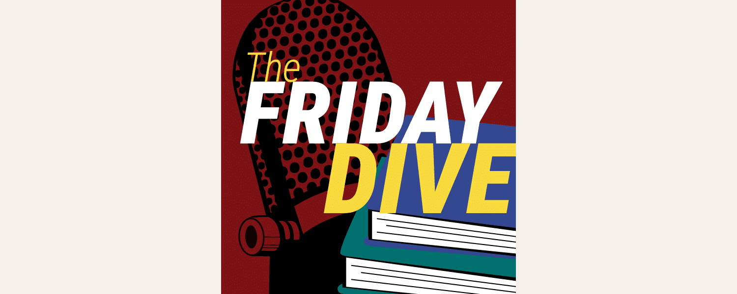 The Friday Dive visual mark featuring a microphone and a stack of books
