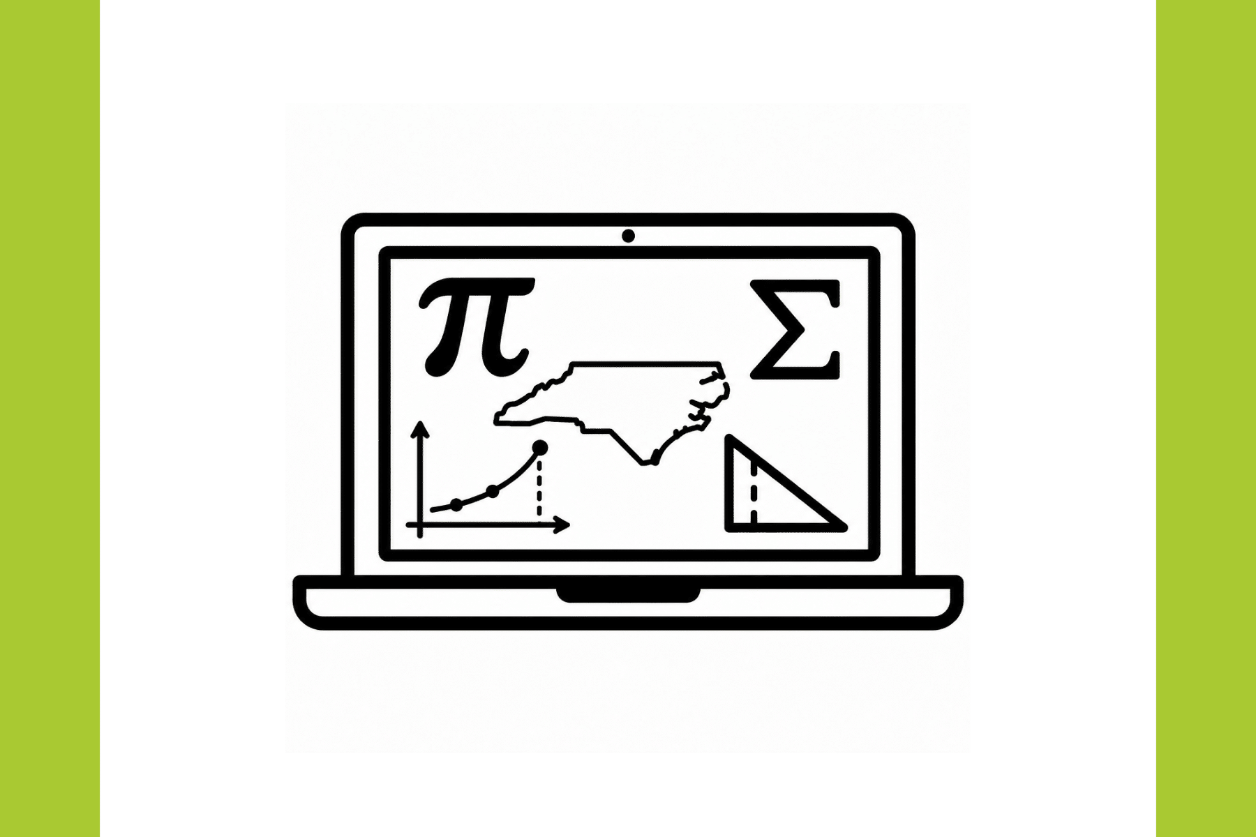 Modernizing math icon of a laptop with images of mathematic symbols around an outline of north carolina